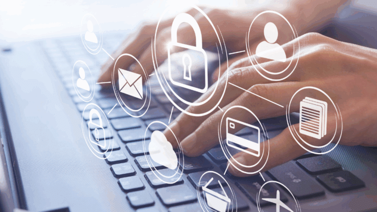 Man sits at his laptop working on various tasks via cloud solutions (alt)